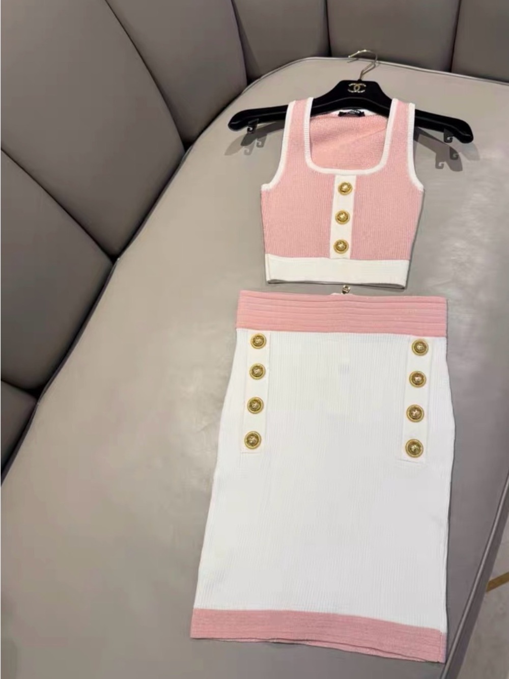 🚩steal Balmain Pink and White Ribbed Two-Piece Skirt Set